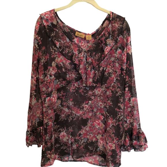 Wranglers Womens Blouse Medium Sheer Burgundy Multicolor Ruffle Neckline Floral - Picture 1 of 8